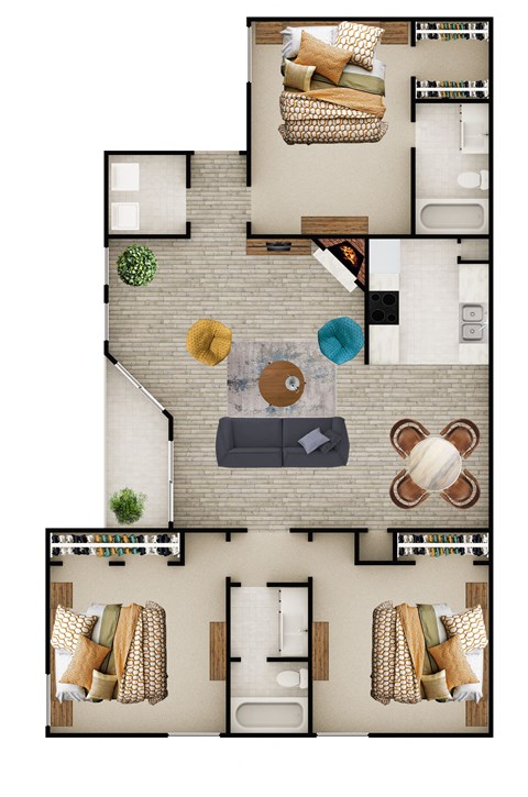 Floor plan for 3 beds, 2 baths, 1275 sqft